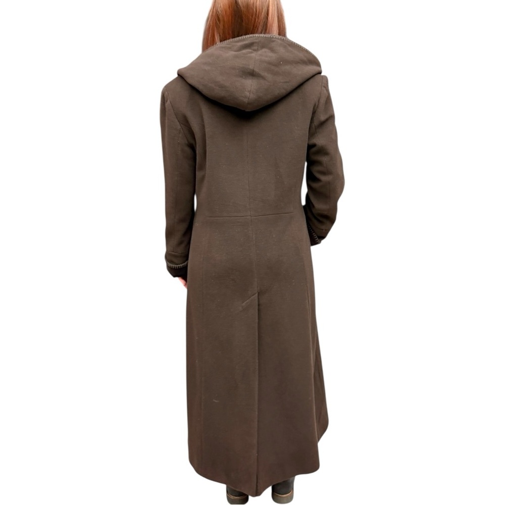 Vintage Albert Nipon Dark Brown Hooded Wool Long Winter Coat Velvet Trim Size 10 - Picture 8 of 11